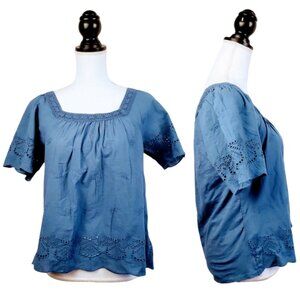 LUCKY BRAND Top, Blue 100% Cotton Short Sleeve Eyelets Lace Boho Casual, S